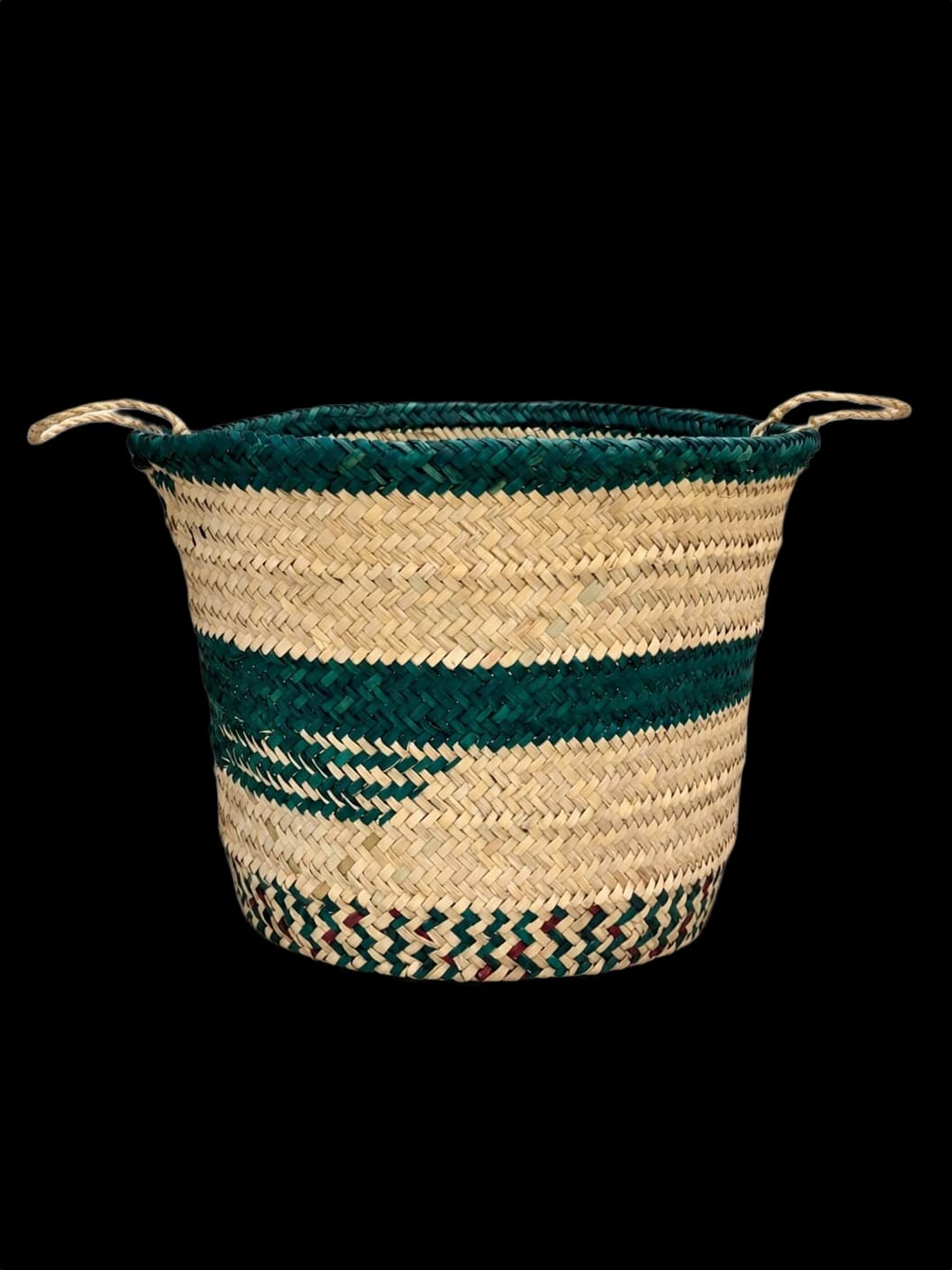 Handwoven green palm-leaf basket with rope handles