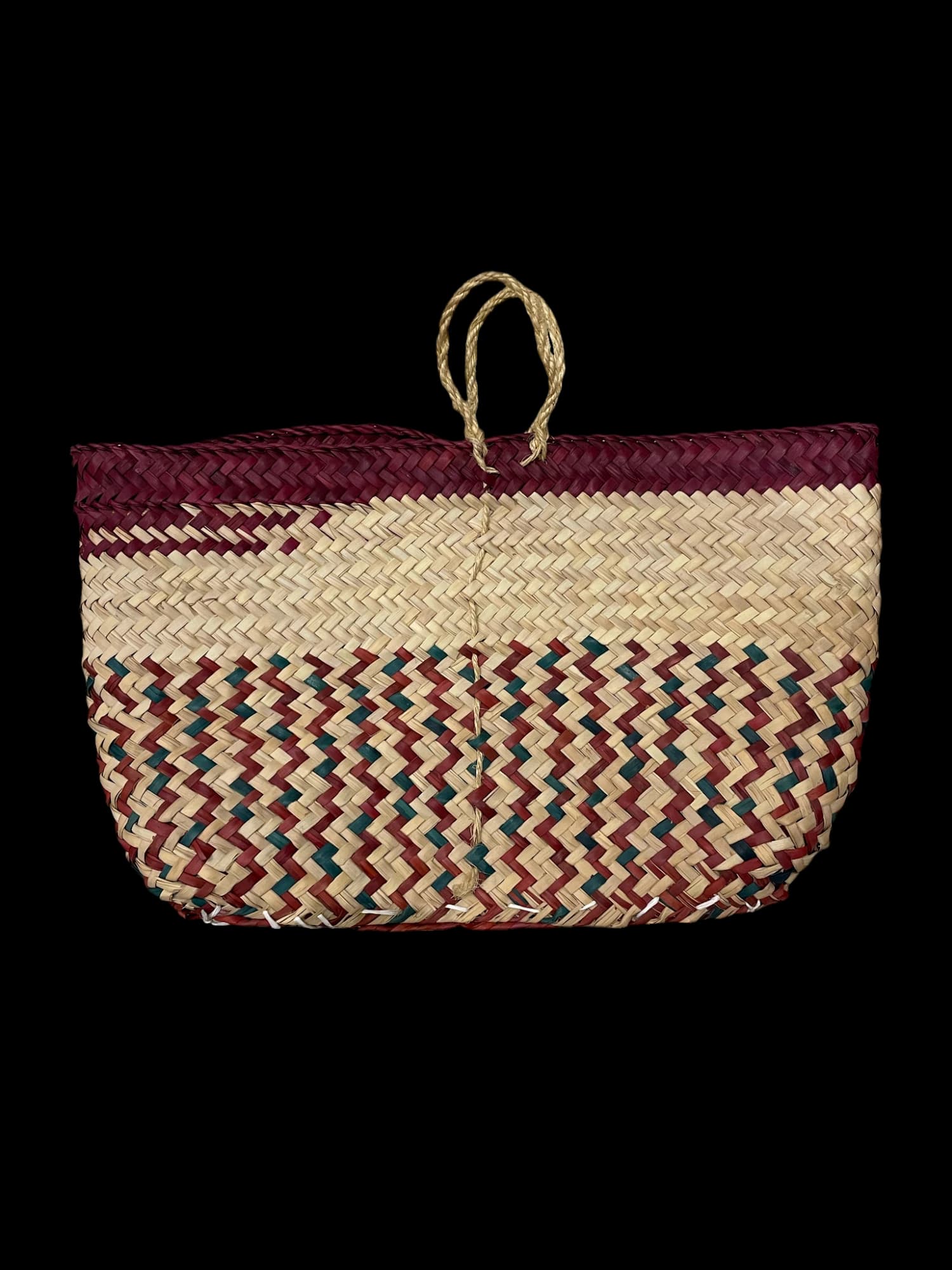 Palm-leaf zanbil bag with a maroon and green zigzag pattern