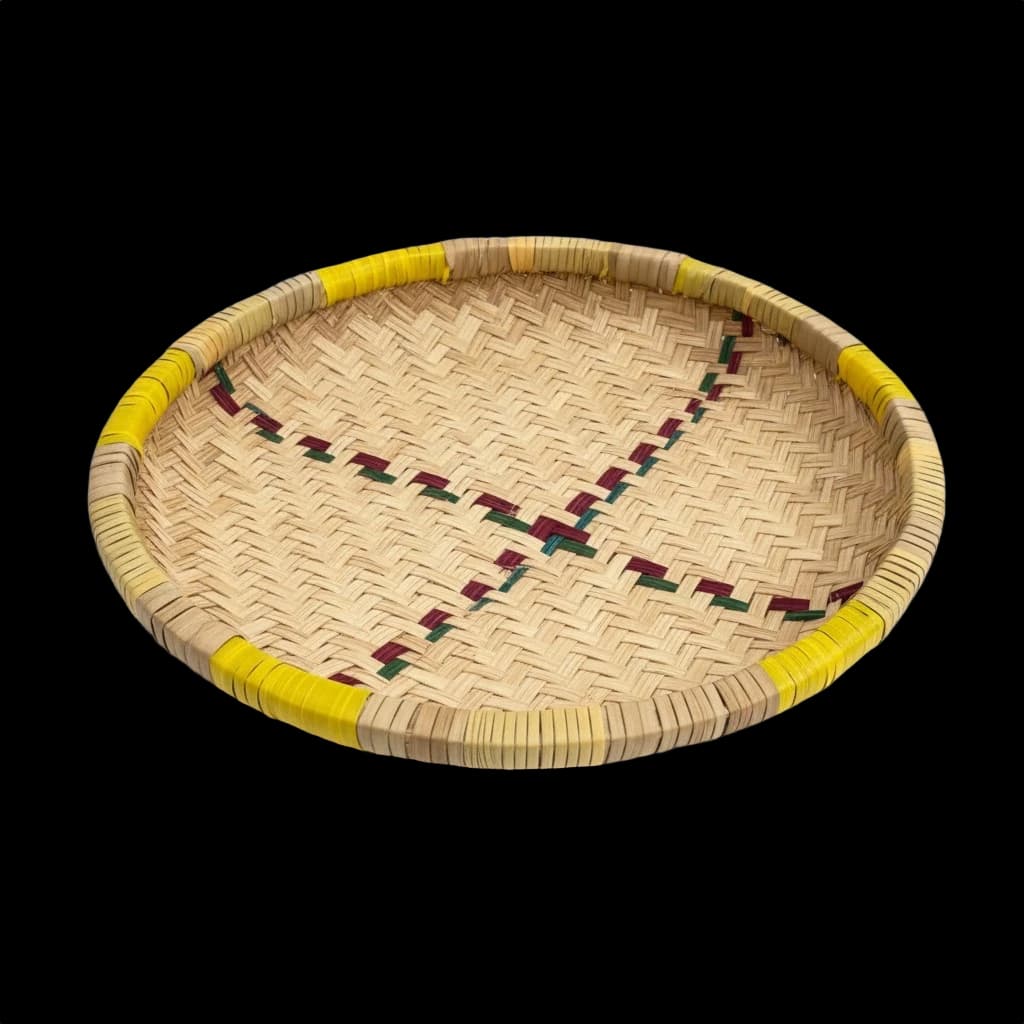 Round palm-leaf tray with a yellow rim